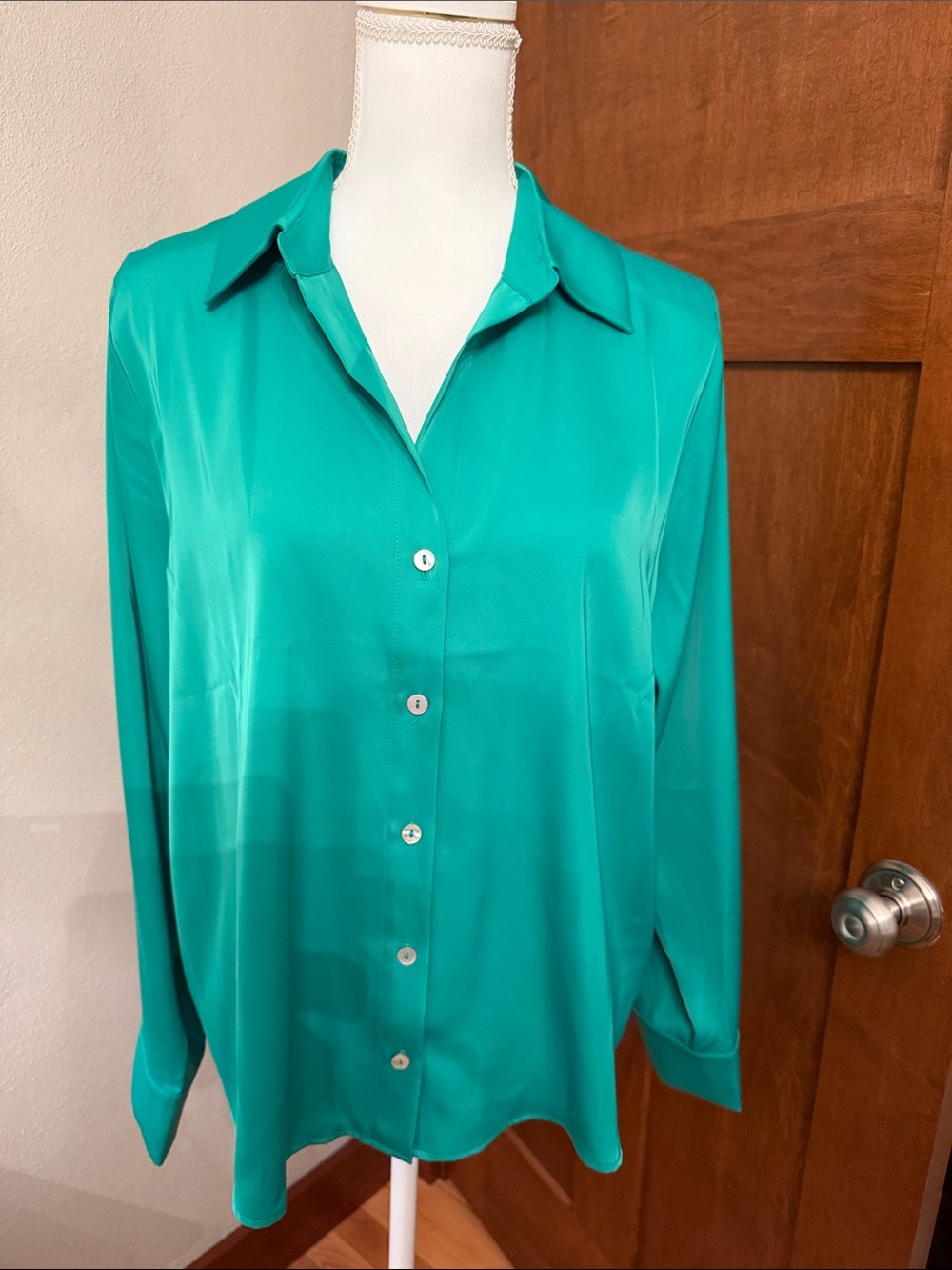 Rachel Zoe Green Satin Button-Down Blouse
